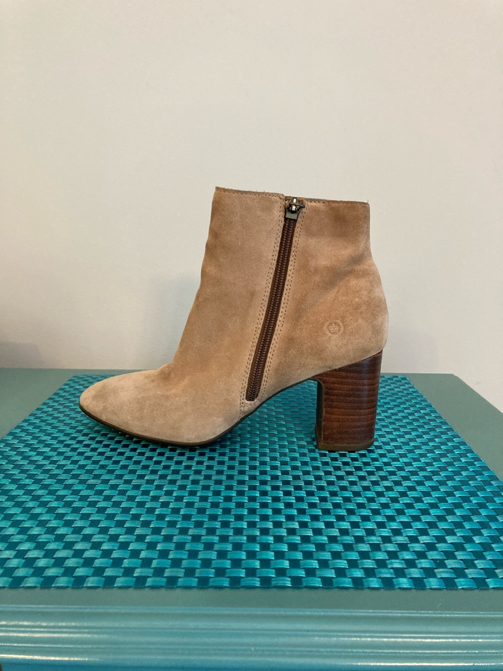 Born Suede Ankle Bootie in Light Tan with Wood Heel Women Size 7
